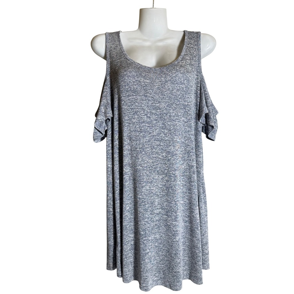 Reborn J Womens Cold Shoulder Marled Knit Tunic Top Blue Gray Medium T7272-2TONE
